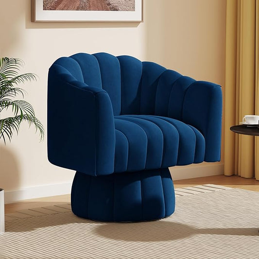 Accent Chair Mid Century 360 Degree Swivel Chair,Modern Lounge Sofa Round Barrel Chair with Wide Upholstered,Fluffy Velvet Fabric Chairs for Home Sofa Living Room/Bedroom/Waiting Room(Navy) - LeafyLoom