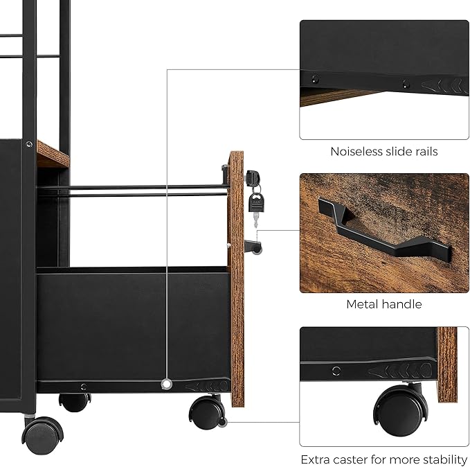 VASAGLE Filing Cabinet for Home Office, Printer Cabinet, Rolling File Cabinet with Drawer and Lock, for Suspended Folder, A4 and Letter Sized Documents, Industrial, Rustic Brown and Black UOFC044B01 - LeafyLoom