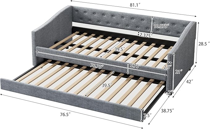 Twin Size Daybed with Trundle, Upholstered Tufted Sofa Bed with Button on Back and Piping on Waved Shape Arms for Bedroom, Apartment, Living Room, Wooden Slats Support, Light Grey - LeafyLoom