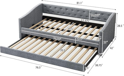 Twin Size Daybed with Trundle, Upholstered Tufted Sofa Bed with Button on Back and Piping on Waved Shape Arms for Bedroom, Apartment, Living Room, Wooden Slats Support, Light Grey - LeafyLoom