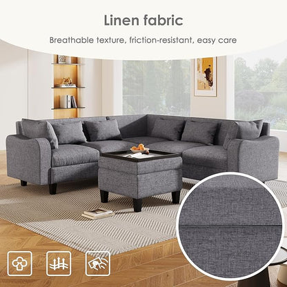 Modern L-Shaped Couch with Coffee Table & 6 Pillows, 6-Seat Sectional Sofa Set with Storage Ottoman & Unique Curved Armrest, Convertible 5-Seat Indoor Furniture for Living Room, Apartment - LeafyLoom