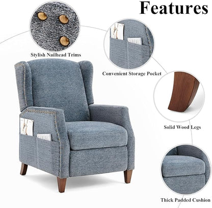 COLAMY Wingback Pushback Recliner Storage Pocket Upholstered Fabric Living Room Chair Armchair, with Wood Legs and Nailhead Trim, Dark Blue - LeafyLoom