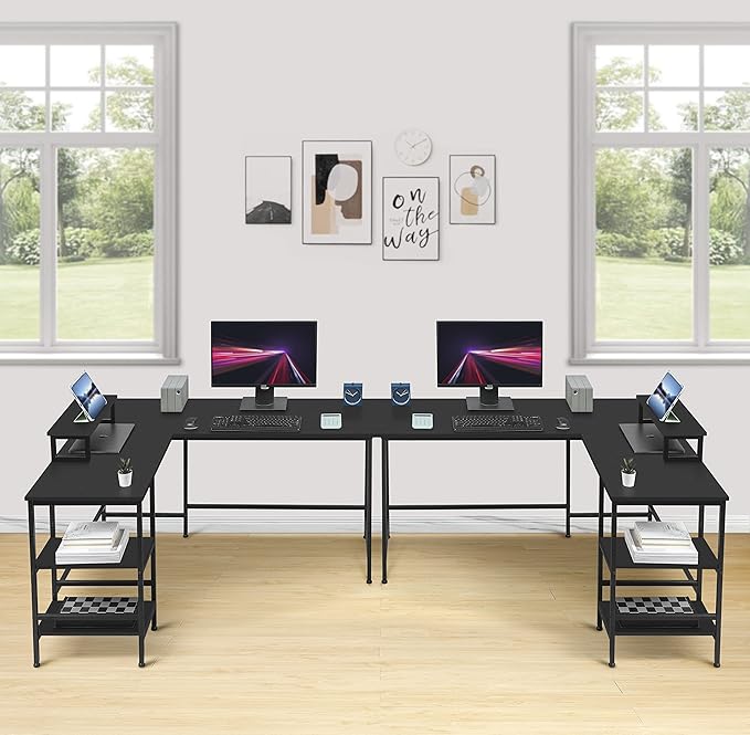 L-Shaped Desk,Corner Computer Desk with Storage Shelves,Large Gaming Desk PC Laptop Writing Workstation with Monitor Stand for Home Office Black - LeafyLoom