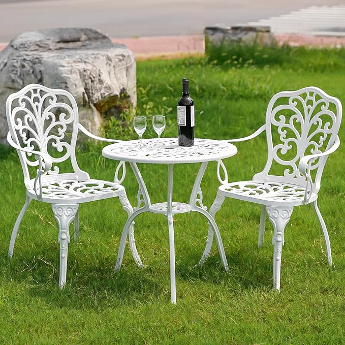 Bistro Table and Chairs Set of 2, Patio Furniture Bistro Set, Cast Aluminum Bistro Set 3 Piece Outdoor with Umbrella Hole for Balcony - LeafyLoom