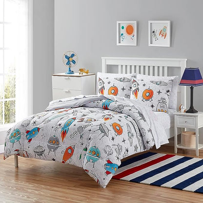 Kids Bedding Set Bed in a Bag for Boys and Girls Toddlers Printed Sheet Set and Comforter, Full, Floating in Space (Pack of 4) - LeafyLoom