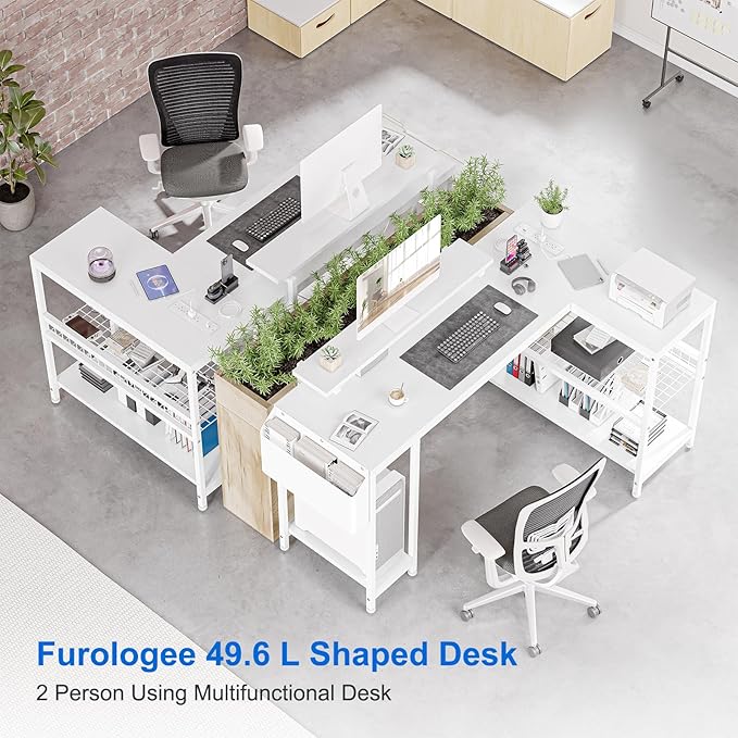 L Shaped Computer Desk with Power Outlets & LED Light, 49.6" Reversible Corner Computer Desk with Storage Shelves & Monitor Stand, Home Office Desk, Gaming Desk, Writing Desk (White) - LeafyLoom