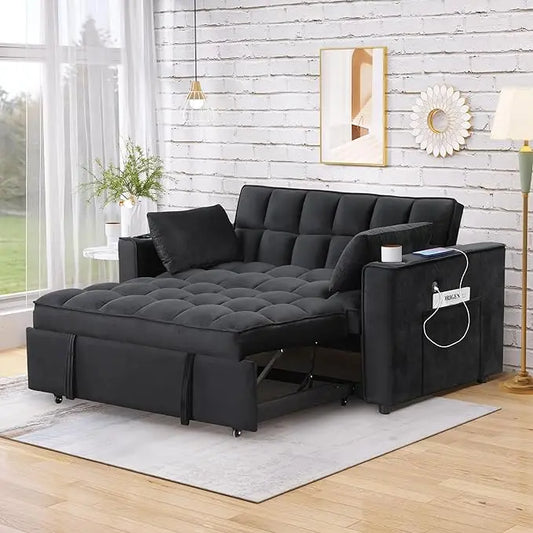 Convertible Sleeper Couch Bed, Black w/ 2 Cup Holder and USB Port - LeafyLoom