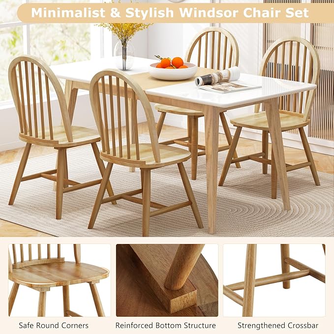 HAPPYGRILL 2 Pieces Wooden Dining Chairs Set, Vintage Armless Windsor Chairs, Kitchen Dining Chairs with Backrest, Natural - LeafyLoom