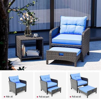 Pamapic 5 Pieces Wicker Patio Furniture Set Outdoor Patio Chairs with Ottomans Conversation Furniture with coffetable for Poorside Garden Balcony(Blue Cushion + Black Rattan)… - LeafyLoom