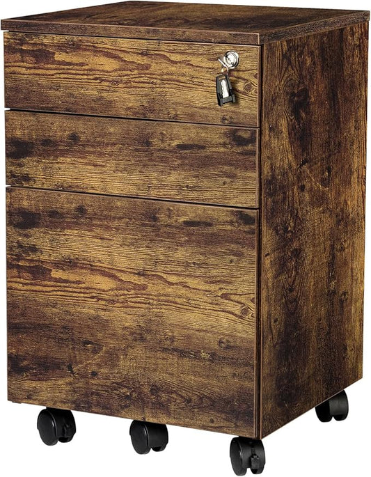 TOPSKY 3 Drawers Wood Mobile File Cabinet Fully Assembled Except Castors (Rustic Brown, 16.3x15.7x24.4) - LeafyLoom