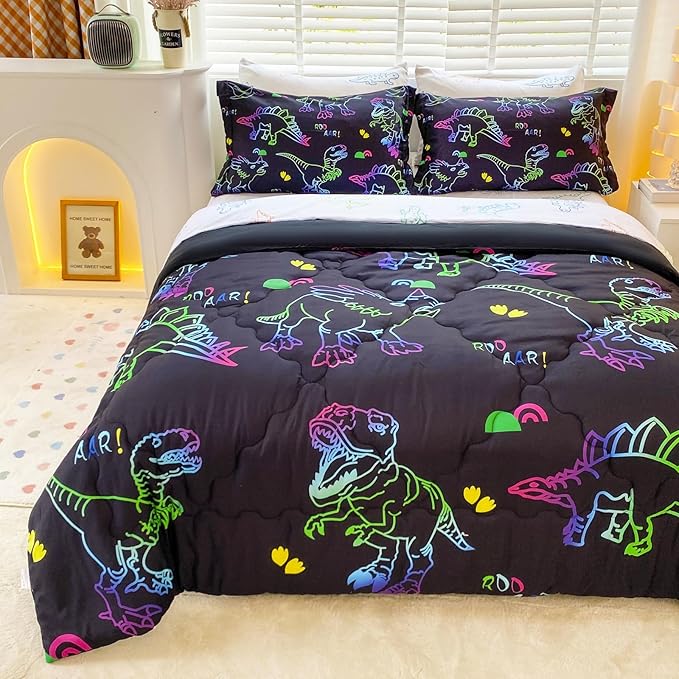 7 Piece Boys Dinosaur Comforter Bedding Set Bed in A Bag Full Size for Kid Girls Teens Dinosaurs Animal 3D Print Gradient Line Bedding Set with Comforter Sheet Set Pillowcase and Sham - LeafyLoom