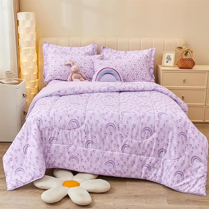 Mooreeke Queen Size Comforter Sets for Girls Kids, 8 Pieces Bed in a Bag Purple Love Heart Rainbow Bedding Comforter Sheet Set with Shams and Decorative Toy Pillow, Ultral Soft Microfiber Kids Bed Set - LeafyLoom