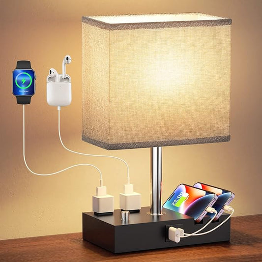 Kakanuo Fully Dimmable Nightstand Lamp for Bedroom with USB C Ports, Grey Small Bedside Table Lamp with Charging Outlets and Phone Stands, Wooden Desk Lamp for Living Room, LED Bulb Included - LeafyLoom