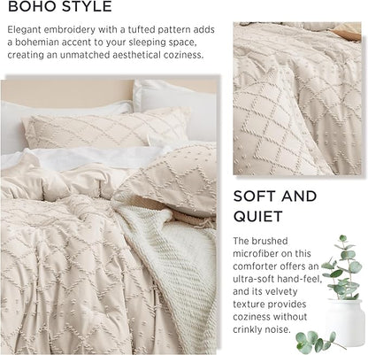 Bedsure California King Comforter Set - Beige Comforter, Boho Tufted Shabby Chic Bedding Comforter Set, 3 Pieces Vintage Farmhouse Bed Set for All Seasons, Fluffy Bedding Set with 2 Pillow Shams - LeafyLoom