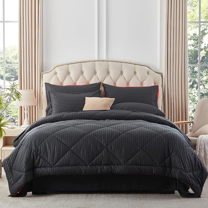 NexHome Black/Red King Bed in a Bag 7-Pieces Comforter Sets with Comforter and Sheets Soft All Season Bedding Sets with Comforter, Pillow Shams, Flat Sheet, Fitted Sheet and Pillowcases - LeafyLoom