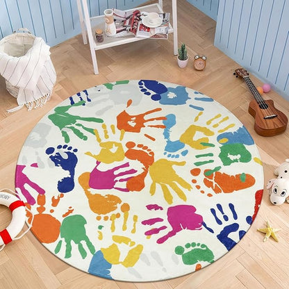 Colorful Round Rug for Kids Bedroom, 4'x4' Handprints and Footprints Circle Rug for Playroom, Rainbow Washable Rug for Nursery, Small Circular Carpet for Classroom Dorm Daycare - LeafyLoom