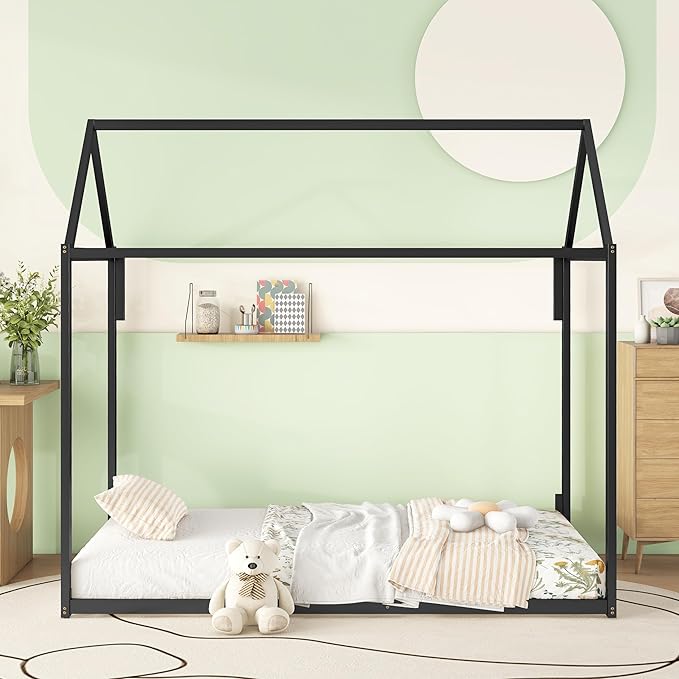 Metal Twin Size Montessori Floor Bed for Kids,Floor Bed Twin,House Bed with Slats for Boys Girls,Metal House Shape Platform Bed,No Spring Box Required,Black - LeafyLoom