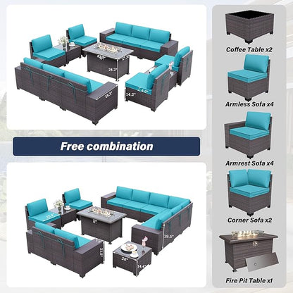 Patio Furniture Sectional Sofa Set 13-Pieces PE Rattan Patio Conversation Set w/43in Gas Fire Pit Table, Outdoor Furniture with 55000 BTU Propane Fire Pit, Blue - LeafyLoom