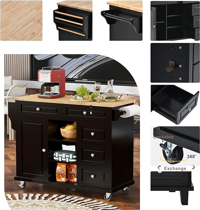 Island with Storage Cabinets, Rolling Mobile Kitchen-cart with Rubber Wood Desktop and 5 Drawers & Open Shelves, Sideboard for Dining Room, Home Bar, Black, 52.8 Inch - LeafyLoom