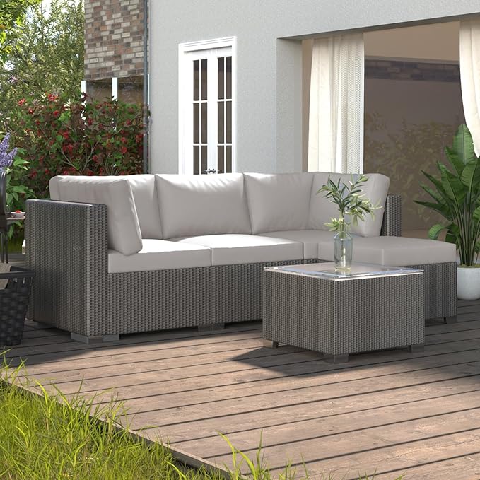 GAOMON 5-Piece Outdoor Patio Rattan Wicker Sofa Set, Pe Rattan Conversation Sectional with Thickened Back Cushion, Glass Tabletop, Ottoman - Ideal for Courtyard Space, Light-grey - LeafyLoom