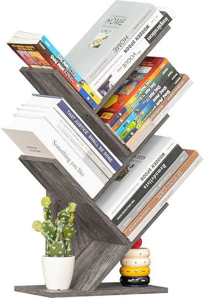 5 Tier Tree Book Shelf, Small Desktop Bookshelf with Storage Organizer, Wood Bookcase, Desk Display Bookshelves, Floor Standing Organizer Bookcases for Living Room,Bedroom,Office - Light Grey - LeafyLoom