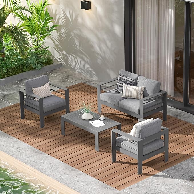 Wisteria Lane Outdoor Patio Furniture Set, 4 Pieces Aluminum Sectional Sofa, Metal Patio Conversation Set with Loveseat, 5 Inch Grey Cushion and Coffee Table (Dark Grey & Grey) - LeafyLoom