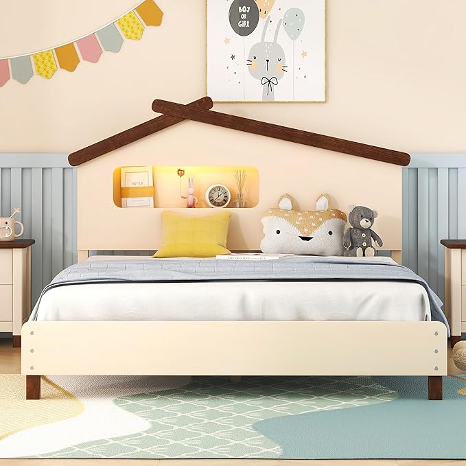 Bellemave Full Size Platform Bed with House-Shaped Headboard and Motion Activated Night Lights,Wood Full Kids Bed Frame for Teens, Girls,Boys(Full,Cream) - LeafyLoom