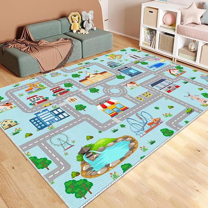 Kids Car Rug, 5x7 City Life Traffic Road Playmat for Toy Cars Trains, Non-Slip Race Track Carpet Educational Fun Area Rugs for Boy and Girl Bedroom Nursery - LeafyLoom