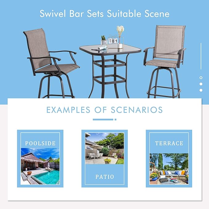 Shintenchi Patio Swivel Bar Set, All Weather Textile Fabric Outdoor High Stool Bistro Set with 2 Bar Chairs and Glass Table for Home, Backyard, Garden, Lawn, Porch (Brown), 3 Pieces - LeafyLoom