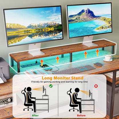 Furologee 61" Computer Desk with Power Outlet and USB Ports, Large Desk with Shelves and Drawer, Writing Study Desk with Fabric File Cabinet and Long Monitor Stand, Gaming Desk for Home Office - LeafyLoom