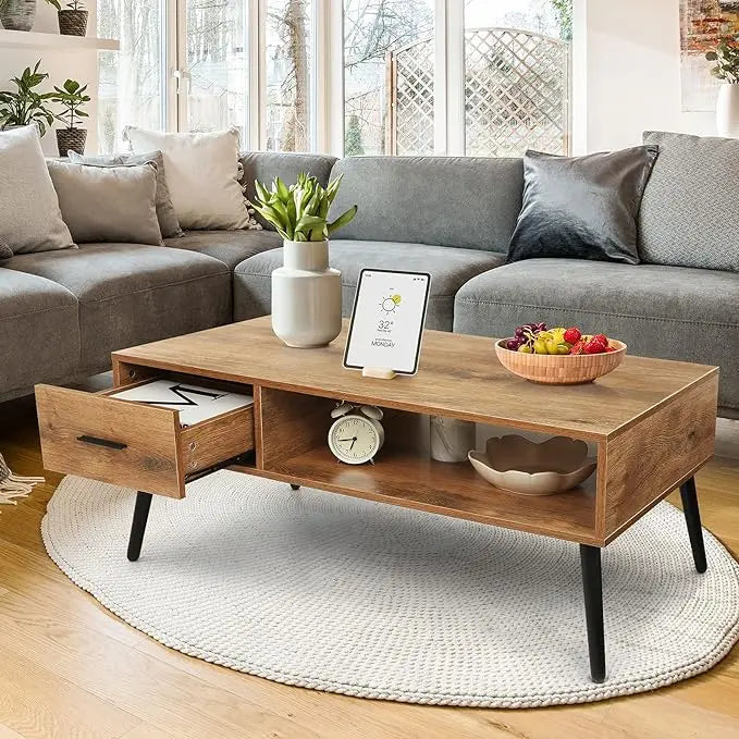 HAIOOU Coffee Table, Mid Century Modern Style Cocktail Table TV Stand with Drawer, Open Storage Shelf, Stable Floor-Anti-Scratching Pine Leg for Home, Office, Living Room - LeafyLoom