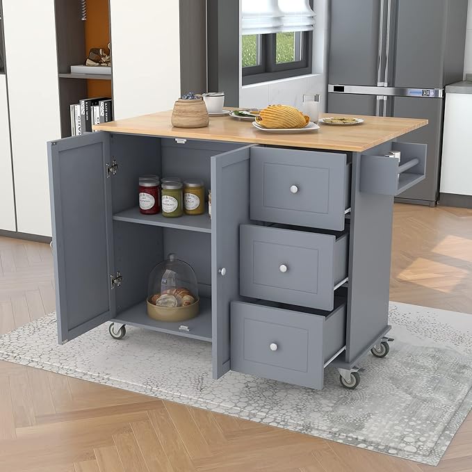 52.7 Cart with Wood Top and Drop Leaf Breakfast Bar, Rolling Mobile Island Towel Rack,Large Storage Cabinet Kitchen Table for Dinning Room, Grey, 52.76 Inch - LeafyLoom