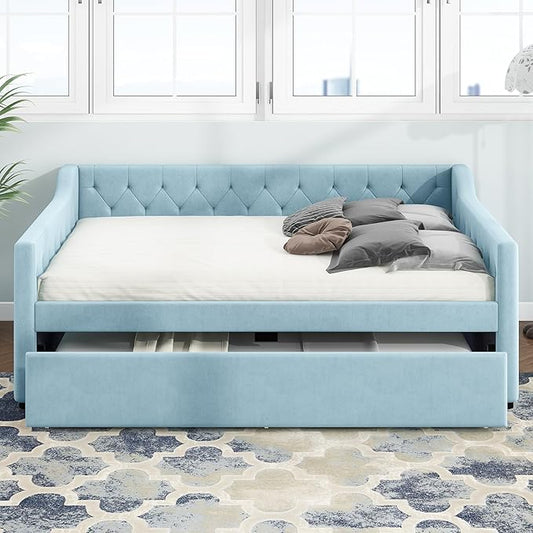 Full Size Velvet Upholstered Tufted Daybed with Twin-Size Trundle,Modern Wood Bed Frame w/Armrests,Slat Support,No Box Spring Needed,Daybeds for Apartment,Bedroom,Guest Room,Blue - LeafyLoom