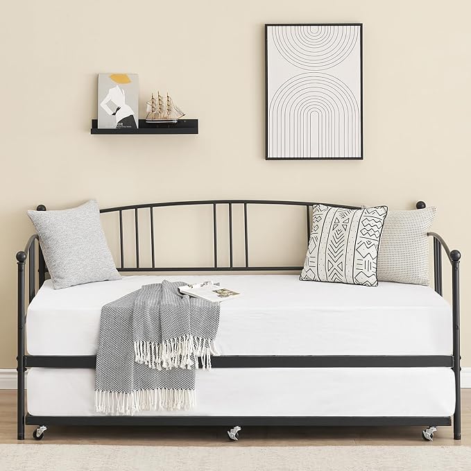 IDEALHOUSE Twin Daybed with Trundle, Metal Twin Size Daybed with Pullout Trundle 6 Casters, Steel Slat Support Sofa Bed for Living Room, Bedroom, Guest Room, No Box Spring Needed (Black) - LeafyLoom