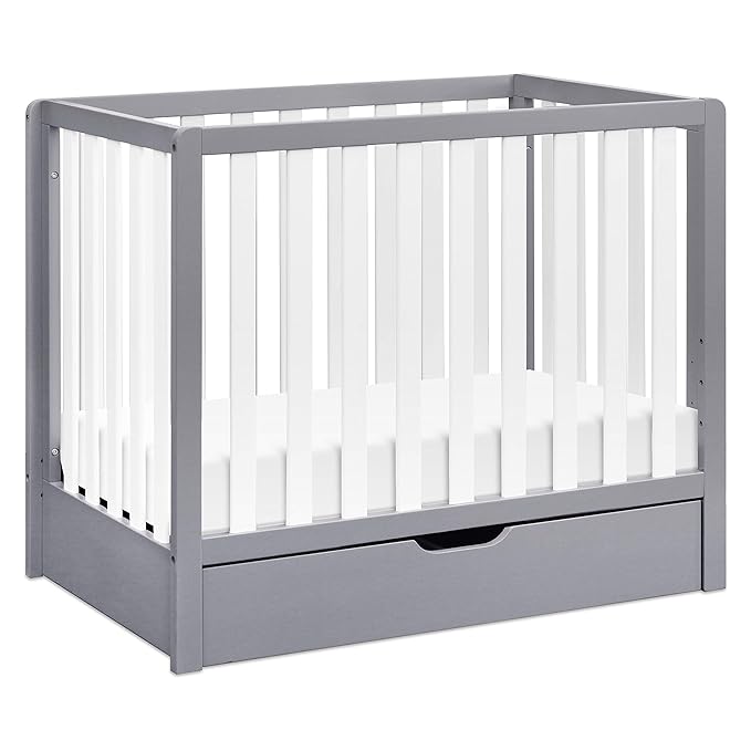 Carter's by DaVinci Colby 4-in-1 Convertible Mini Crib with Trundle Drawer in Grey and White, Greenguard Gold Certified, Undercrib Storage - LeafyLoom