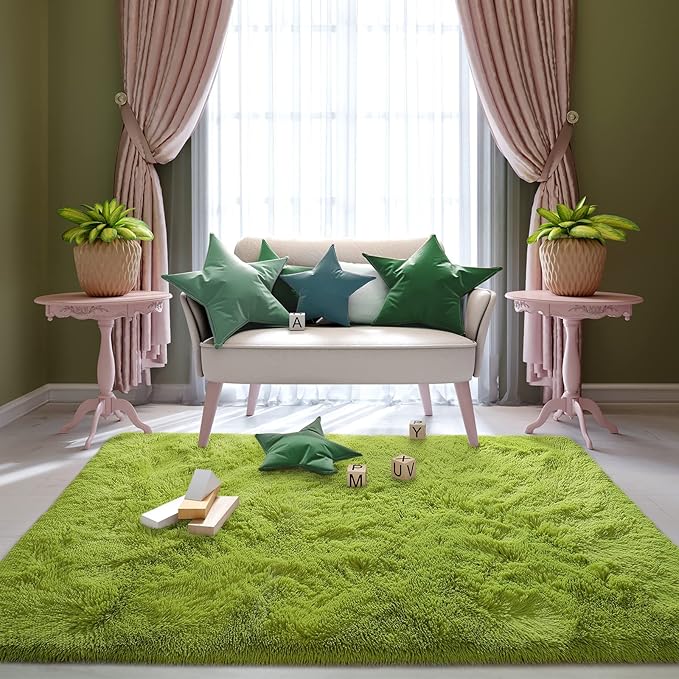 Super Soft Fluffy Shaggy Rugs for Living Room Bedroom, Fuzzy Plush Area Rugs for Girls Kids Room Nursery Home Decor, Furry Dorm Rug Cute Non-Slip Indoor Floor Carpet 5x8 Feet, Green - LeafyLoom