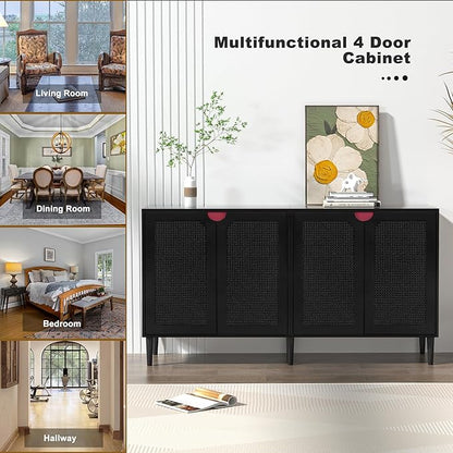 Anmytek Rattan Sideboard Buffet Cabinet with 4 Doors, Large Kitchen Storage Cabinet Black Sideboard with Adjustable Shelf Credenzas for Kitchen Living Room Hallway H0108 - LeafyLoom