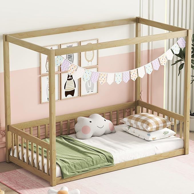 Twin Size Canopy Bed Frame with Guardrails for Kids,Floor Bed Twin with Four Poster Design,Kids Montessori Floor Bed,Wood Canopy Bed Frame for Girls,Boys(Twin,Natural) - LeafyLoom