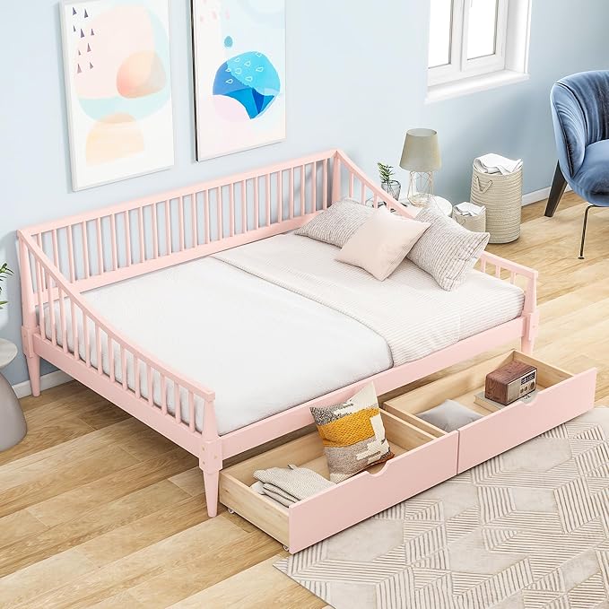 Full Size Daybed with Two Drawers,Solid Wood Storage Bed Frame W/Wooden Slat Support,Guide Rail Design on Three Sides,Easy to Assemble,for Bedroom Living Room,Pink - LeafyLoom