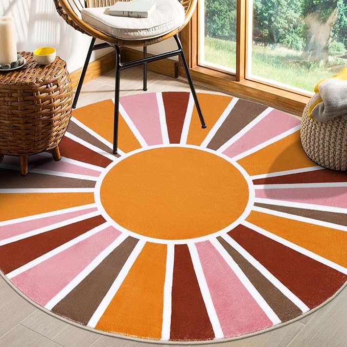 Topotdor Sun Rainbow Round Rug 4ft Boho Kids Nursery Rug, Colorful Washable Area Rug Ultra Soft Circle Classroom Rug Non-Slip for Bedroom Living Room Playroom Decor, Pink - LeafyLoom