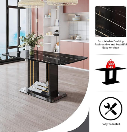 NicBex Dining Table Black Imitation Marble Pattern Desktop Black MDF Table Legs Gold Lines Black Base Suitable for Kitchen and Living Room, Black - LeafyLoom