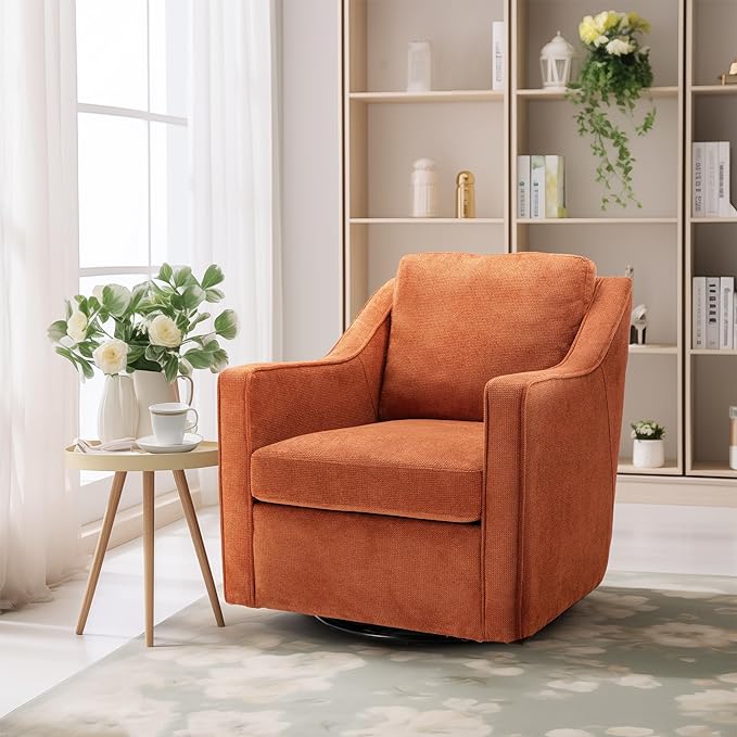 COLAMY 360° Swivel Accent Chair, Upholstered Fabric Leisure Armchair with Lumbar Pillow for Living Room Bedroom Home Office, Orange - LeafyLoom