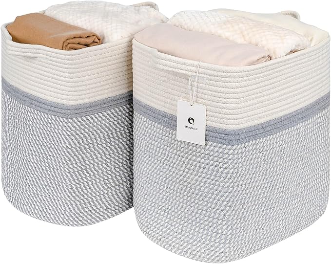 Medium and Large Woven Basket/With Handle, Baskets Laundry Hamper Wicker Tall Cotton Toy Storage Basket,Decorative Basket for Living room,Basket for Toys, 2bag - LeafyLoom