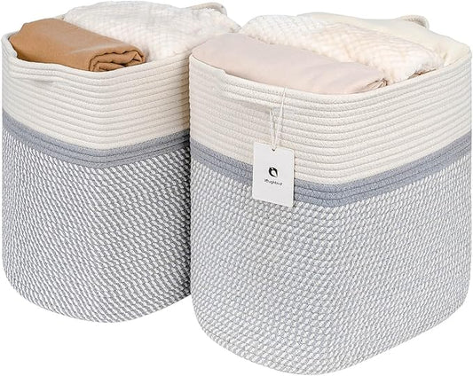 Medium and Large Woven Basket/With Handle, Baskets Laundry Hamper Wicker Tall Cotton Toy Storage Basket,Decorative Basket for Living room,Basket for Toys, 2bag - LeafyLoom