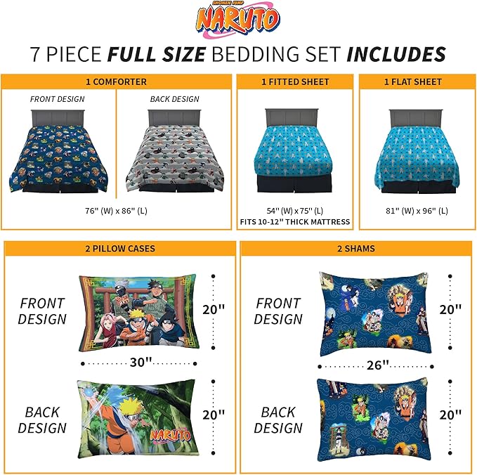 Naruto Anime Bedding Super Soft Comforter and Sheet Set with Sham, 7 Piece Full Size, By Franco - LeafyLoom