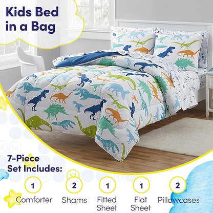 Kids Bedding Set Bed in a Bag for Boys and Girls Toddlers Printed Sheet Set and Comforter , Full, Dinosaur - LeafyLoom