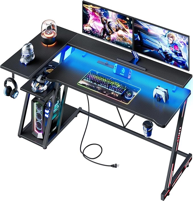 Computer Gaming Desk with Power Outlet & LED Lights, 55 Inch L Shaped Gamer Table with Storage Shelves for Bedroom, Reversible Corner Home Office Desk, Carbon Fiber Black - LeafyLoom