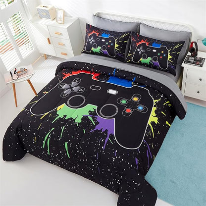 KAKKI 4 Piece Boys Twin Gamer Comforter Set with Sheets, 3D Colorful Video Game Controller Comforter for Kids Teen, All Season Soft Microfiber Gaming Bedding Set(Black,Twin) - LeafyLoom