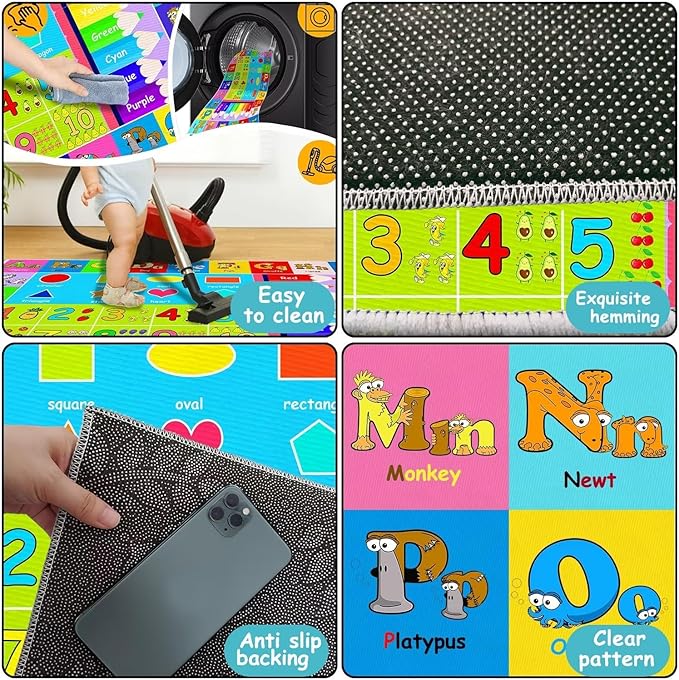 Kids Alphabet Play Game Rug - 6'x9' ABC Numbers and Shapes Educational Learning Toddler Carpet - Kids Room Playroom Classroom Kindergarten Activity Fun Soft Non-Slip Mat - LeafyLoom