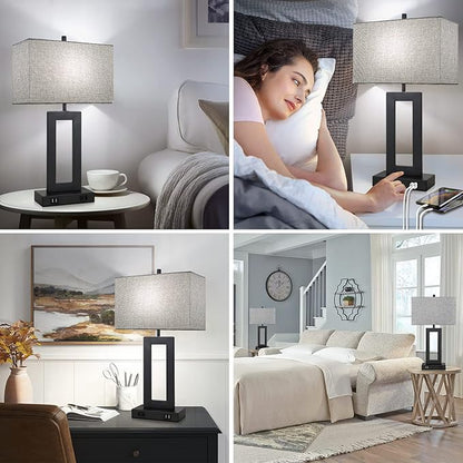 Set of 2 Modern Touch Control Table Lamps with 2 USB Ports, 22’’ Large Bedside Nightstand Lamps 3-Way Dimmable Desk Lamp With Grey Fabric Shade For Bedrooms Living Room Reading, 2 LED Bulbs Included - LeafyLoom